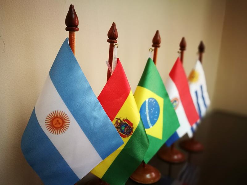 Bandeiras dos pases membros do Mercosul. Em todos eles os brasileiros podem viajar sem precisar de visto ou passaporte.