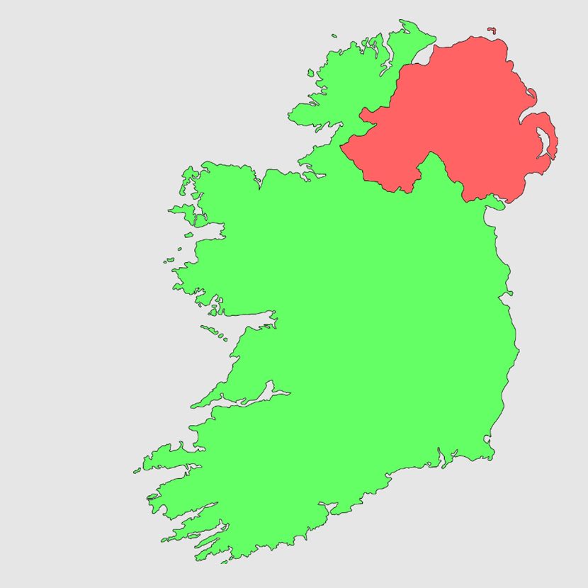Atualmente a Ilha da Irlanda  dividida entra a Repblica da Irlanda (em verde) e a Irlanda do Norte, pas constituinte do Reino Unido