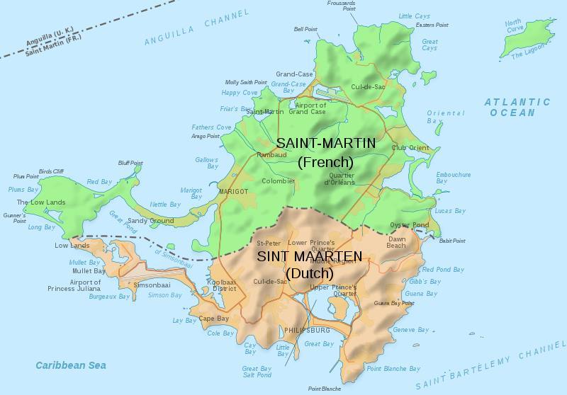 Mapa da ilha de So Martinho. Saint-Martin, a parte francesa, no norte e Sint Maarten, a parte holandesa, no sul da ilha. Por: Hogweard