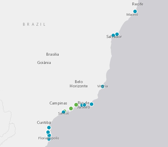 Localizao das praias e marinas brasileiras que receberam a Bandeira Azul na Temporada 2021-2022